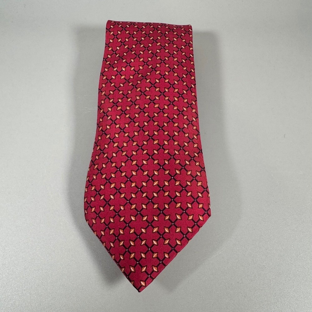 Hermes Paris Silk Tie Red Geometric Diamond Pattern Mens Designer Necktie France